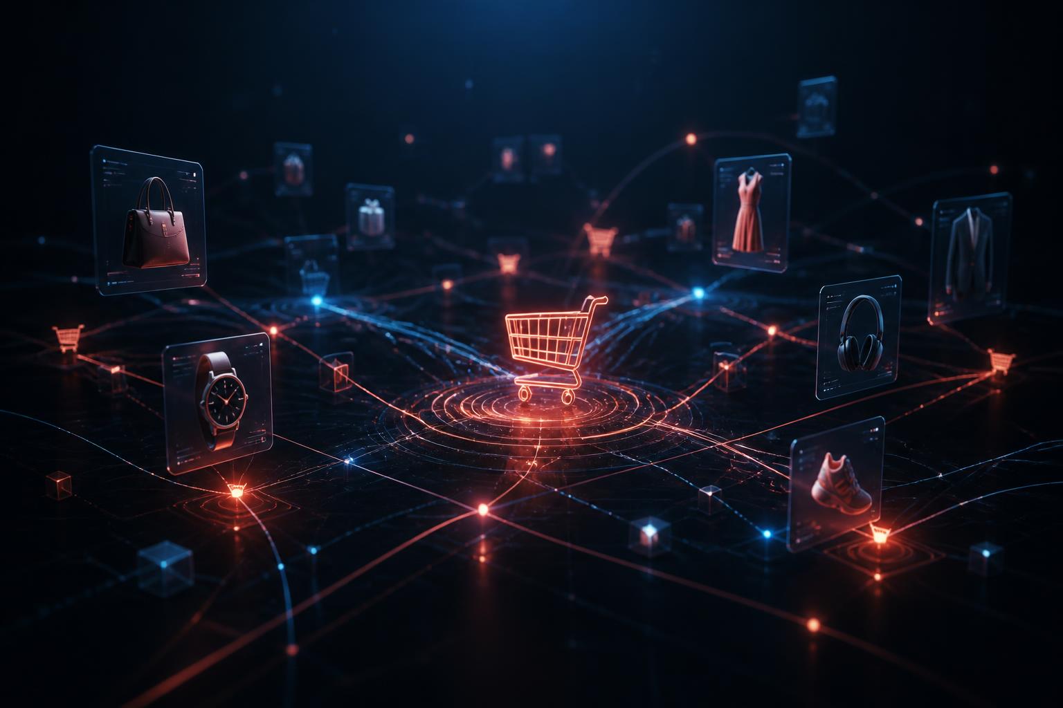 Ecosistema digital de ecommerce con carrito de compras, productos y conexiones de datos en tonos oscuros con acentos coral